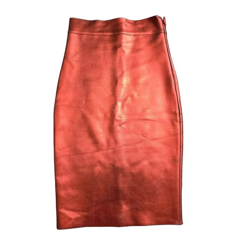 Herve Leger Red Metallic Foil Bandage Midi Skirt